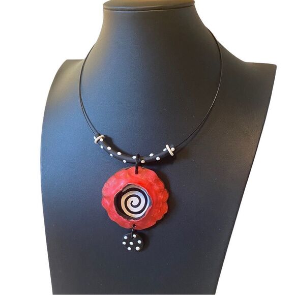 Stylish, Lightweight, Red, Black & White Circular Pendant Necklace on Black Wire - Picture 3 of 6